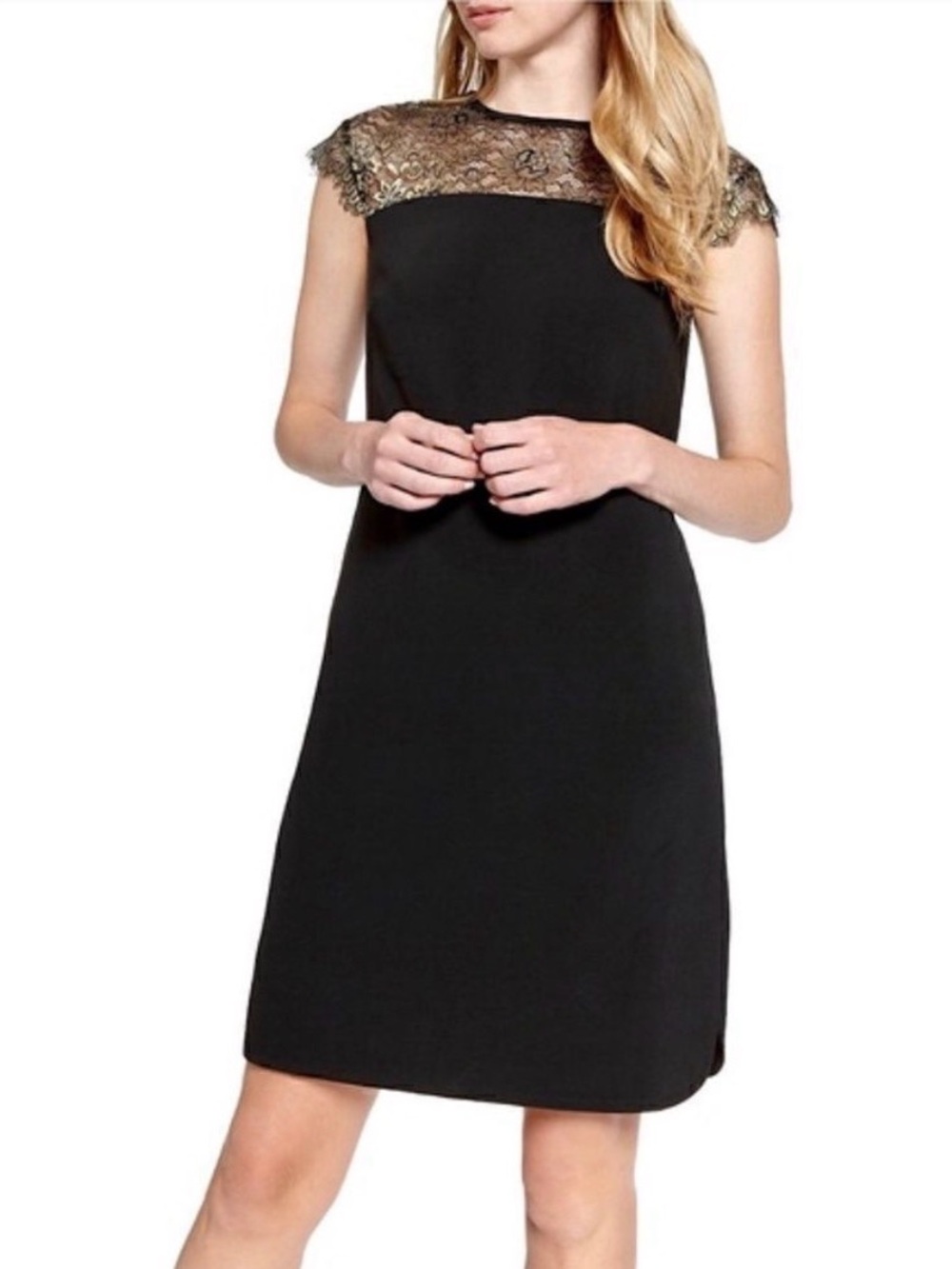 Ted Baker Lorenne Black Shift Dress with Metallic Lace Yoke Size 2 (US 6)